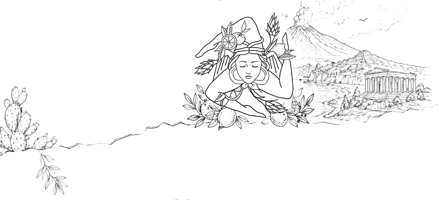 Sizilianische Szene mit Trinacria-Figur, Ätna, antikem Tempel und Feigenkaktus